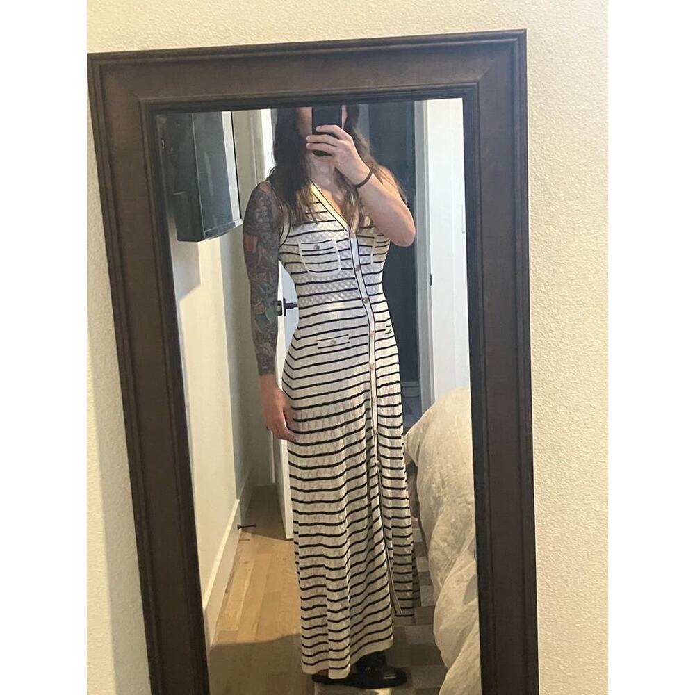 SANDRO White Black Stripes Sleevesless Metallic Buttons Molina Shirt Dress 36 - Picture 14 of 16